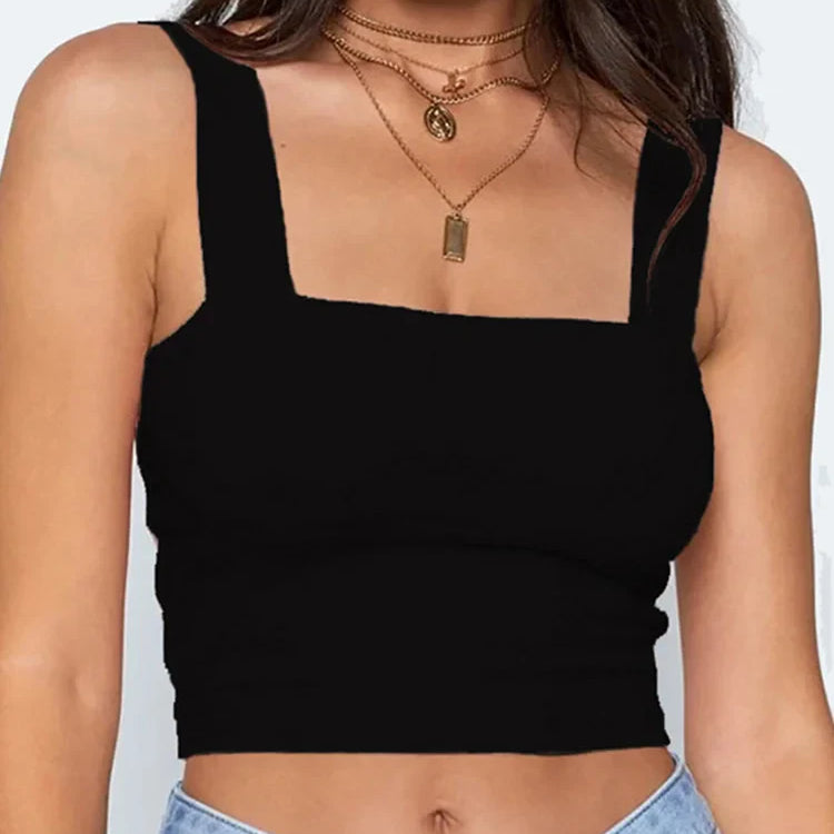 Square Neck Sleeveless Summer Crop Top White Women Black Casual Basic T Shirt Off Shoulder Cami Sexy Backless Tank Top