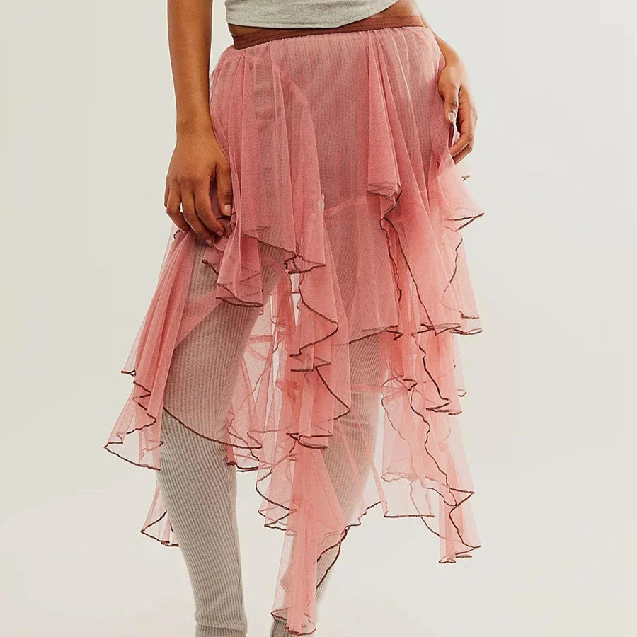 Women Lace Long Skirt Mesh Sheer High Waist Asymmetrical Hem A-line Midi Skirt Y2K Summer Beach Party Maxi Skirts Streetwear Pink