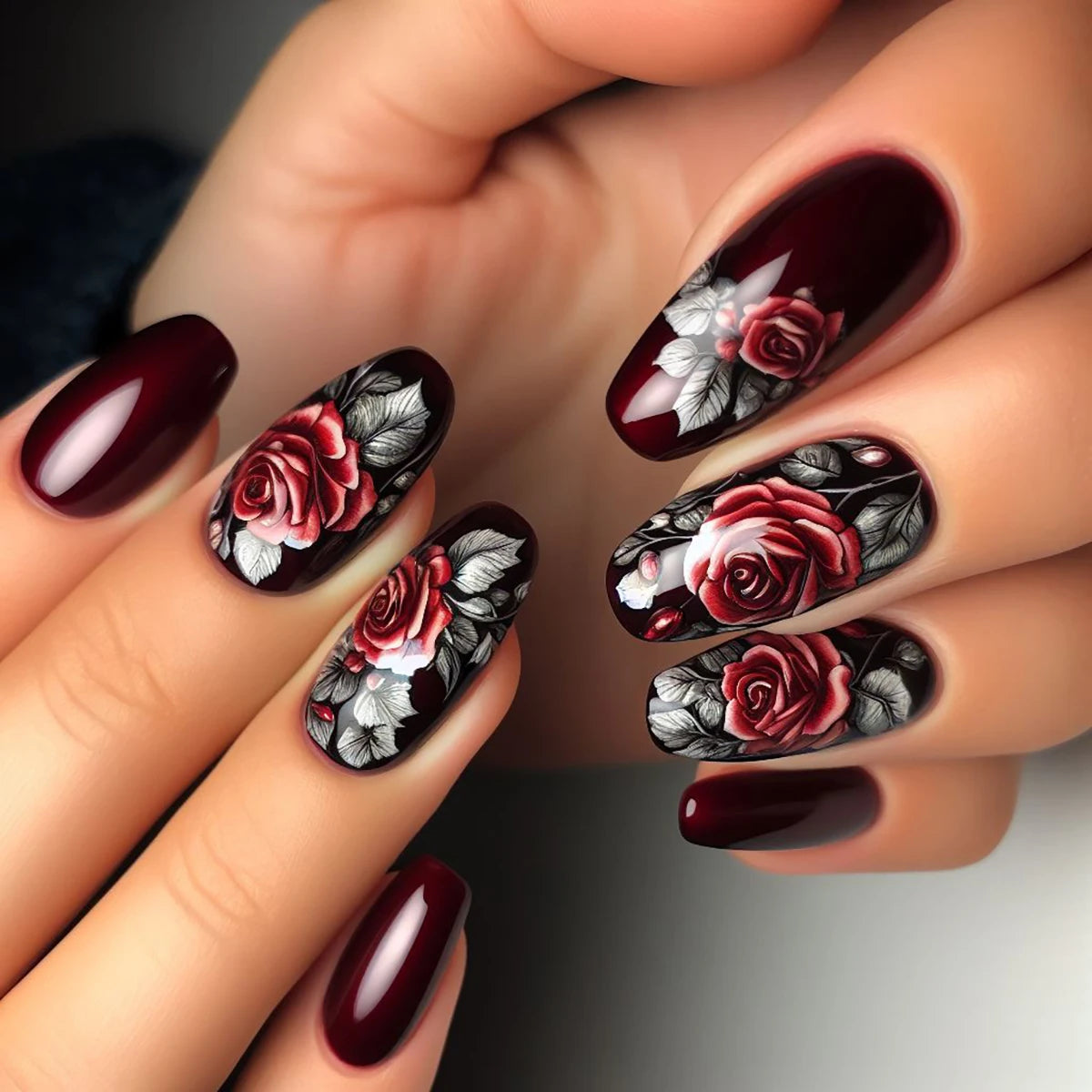 24-piece push-on nail set, fuchsia rose design, sleek manicure, easy to apply and remove, glossy finish, ballet shape, medium le