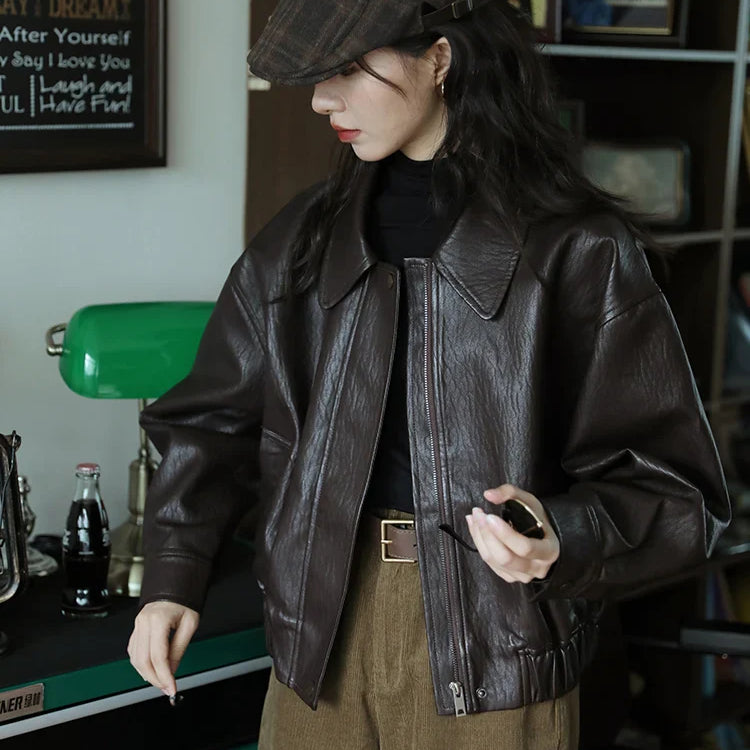 Spring Autumn Cool Handsome Short Brown Hard Pu Leather Jacket Women Zipper Long Sleeve Luxury Designer Clothes 2024