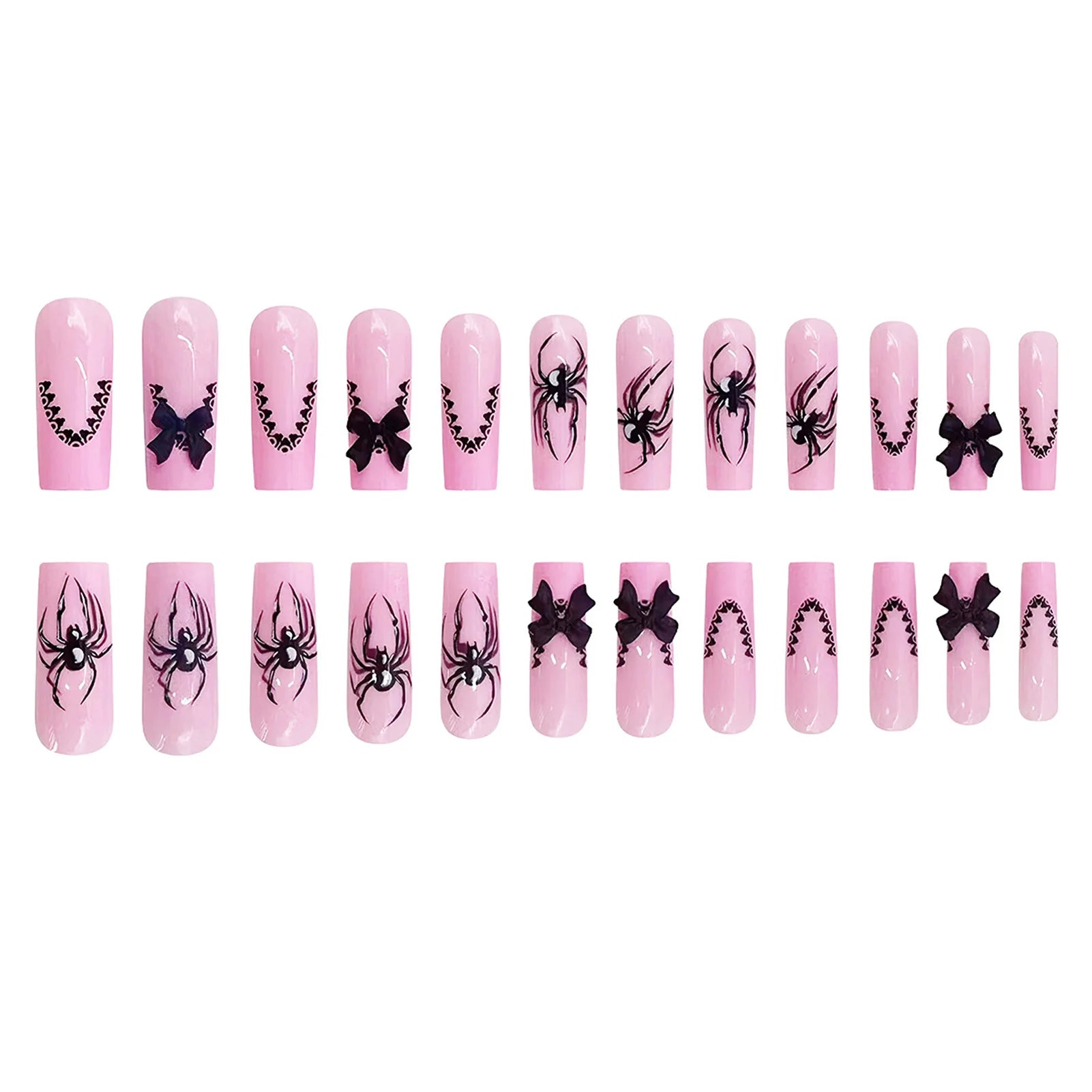 24pcs Halloween Gothic Fake Nail with Black Spider Bow Design False Nails European Long Coffin French Press on Nails Wearable