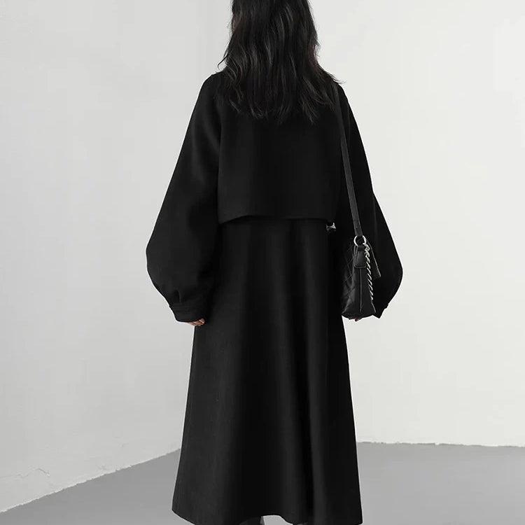 Autumn Winter Long Flowy Luxury Vintage Black Warm Thick Woolen Coat Women Luxury Designer Fake 2 Pieces Clothes 2023