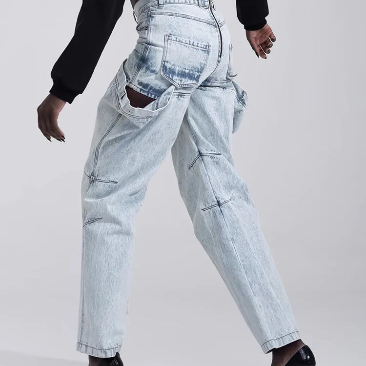 Irregular Hollow Out Spliced Button Jeans For Women High Waist Patchwork Zipper Streetwear Denim Long Trousers Female Style