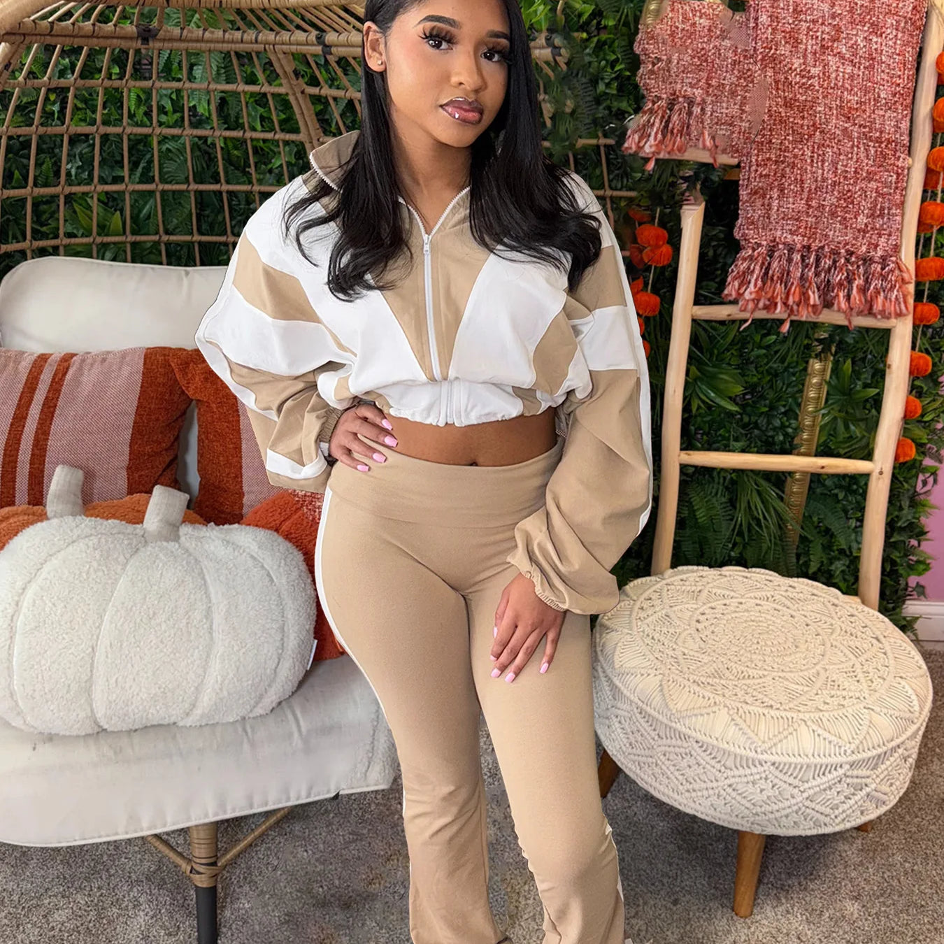 CM.YAYA Active Patchwork Women's Set Zipper Sweatshirt Jacket and Long Pants Suit 2025 Sporty Two 2 Piece Sets Outfit Tracksuit