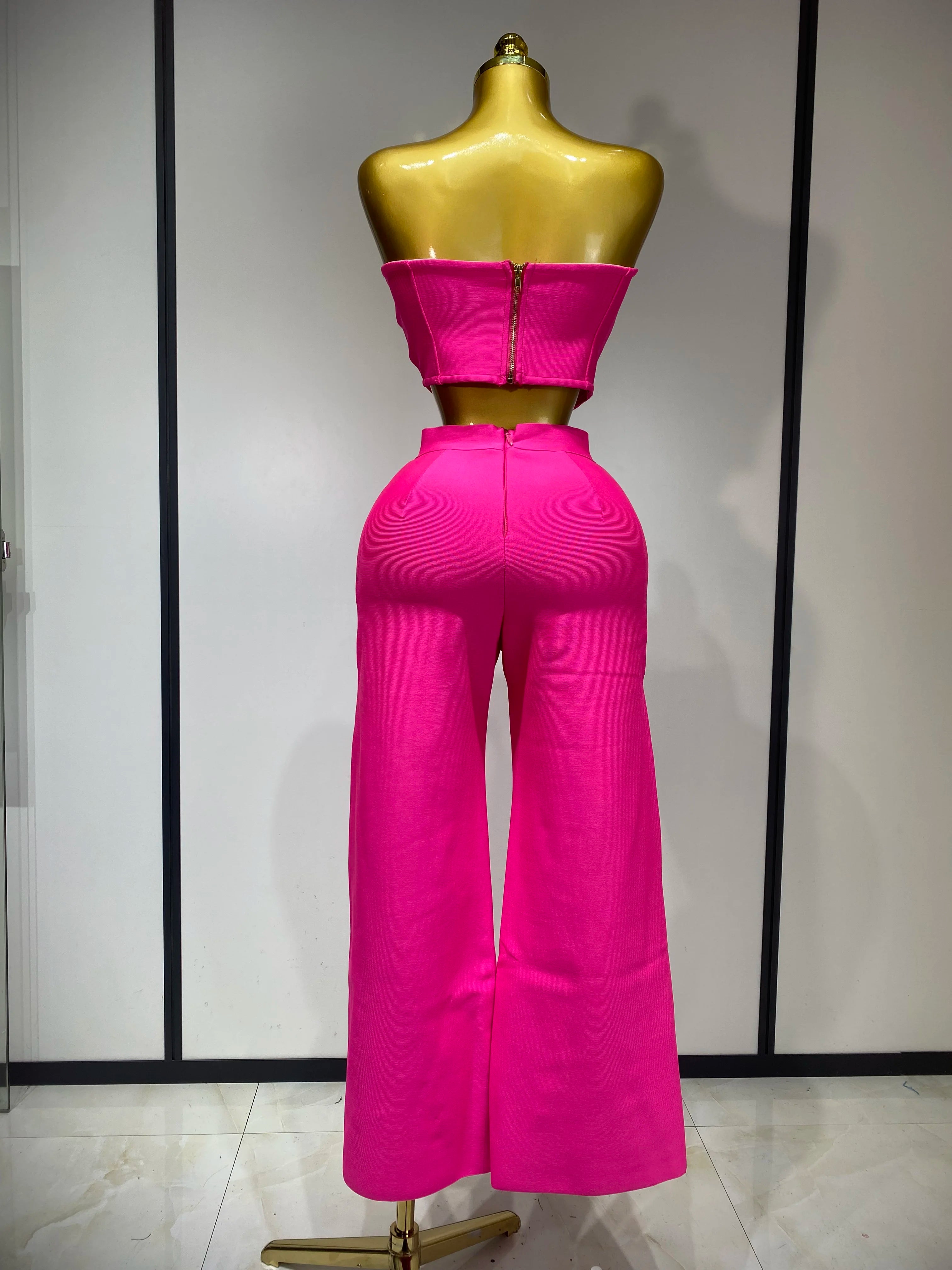 Women Sexy Strapless Top Cut Out Bodycon Two Pieces Bandage Pants Celebrity Designer Fashion Women Luxury Diamond Birthday Set