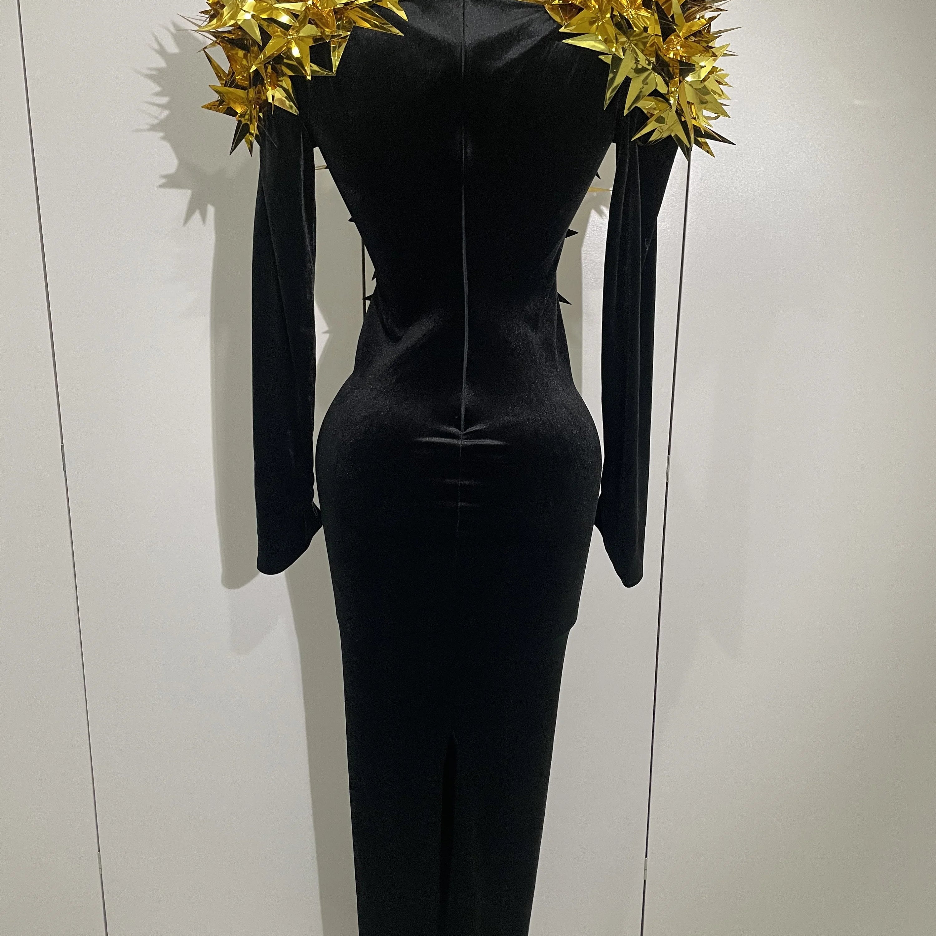 2025 New Shiny Gold Star Rhinestone Velvet Long Dress Women Evening Birthday Party Club Gala Hosts NightClub Bar Stage Costumes