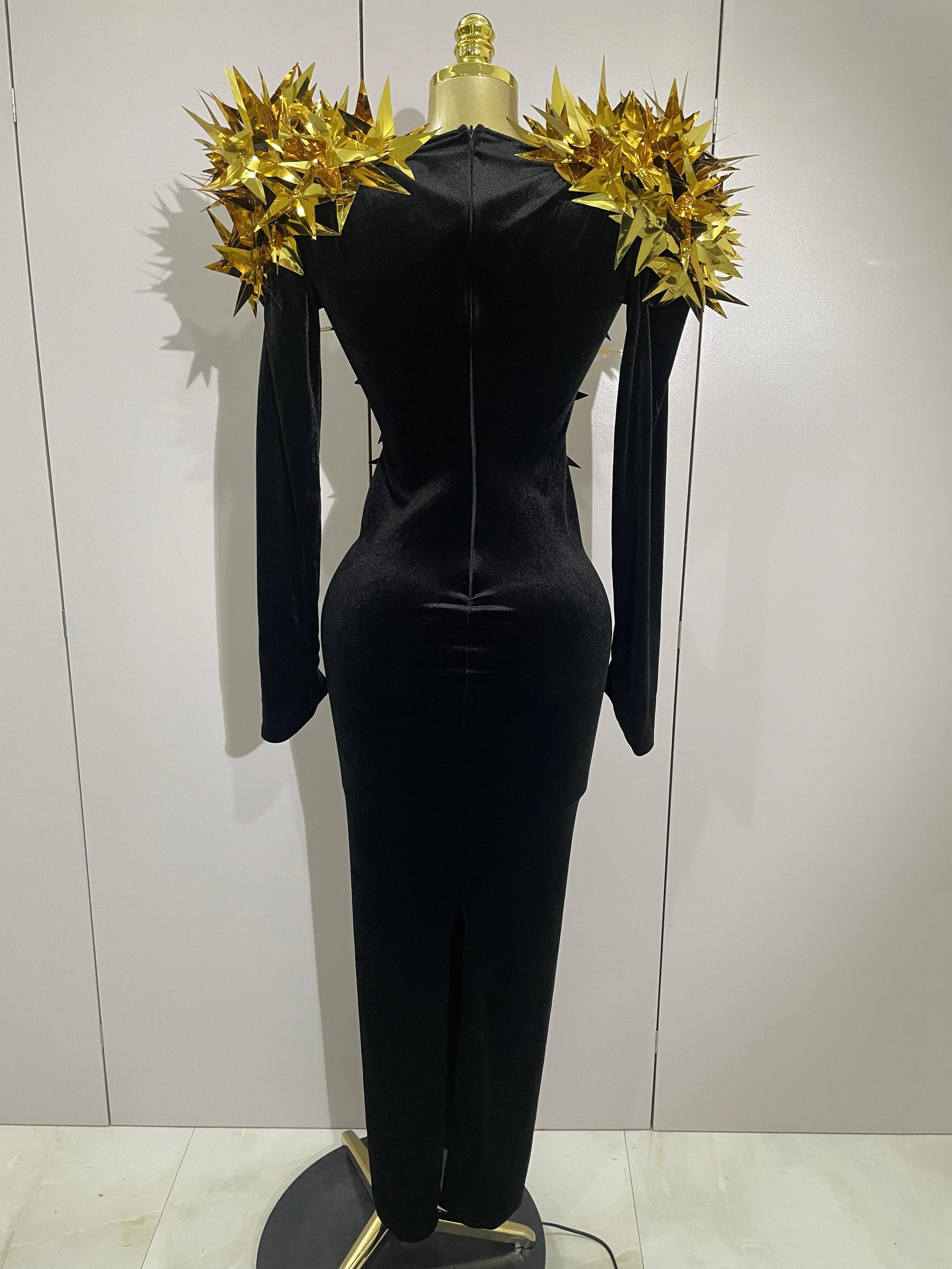 2025 New Shiny Gold Star Rhinestone Velvet Long Dress Women Evening Birthday Party Club Gala Hosts NightClub Bar Stage Costumes