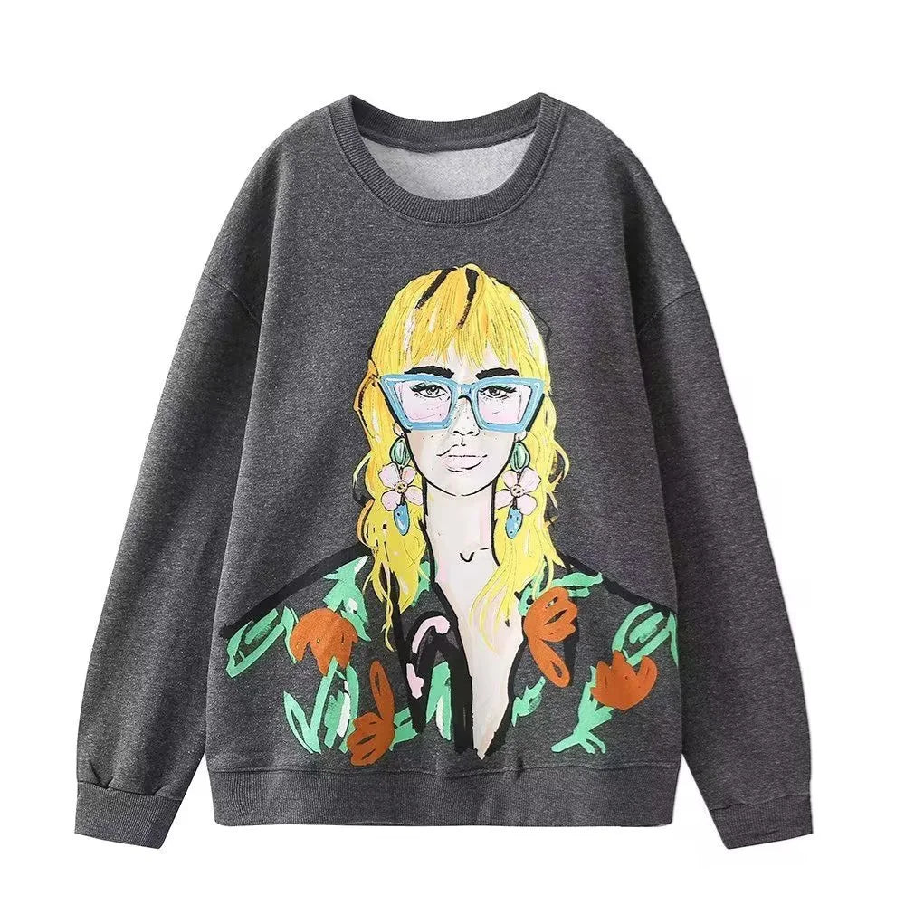 Autumn/Winter Women's New Fashion Casual Loose Versatile Round Neck Long Sleeve Printed Sweater Yellow Head
