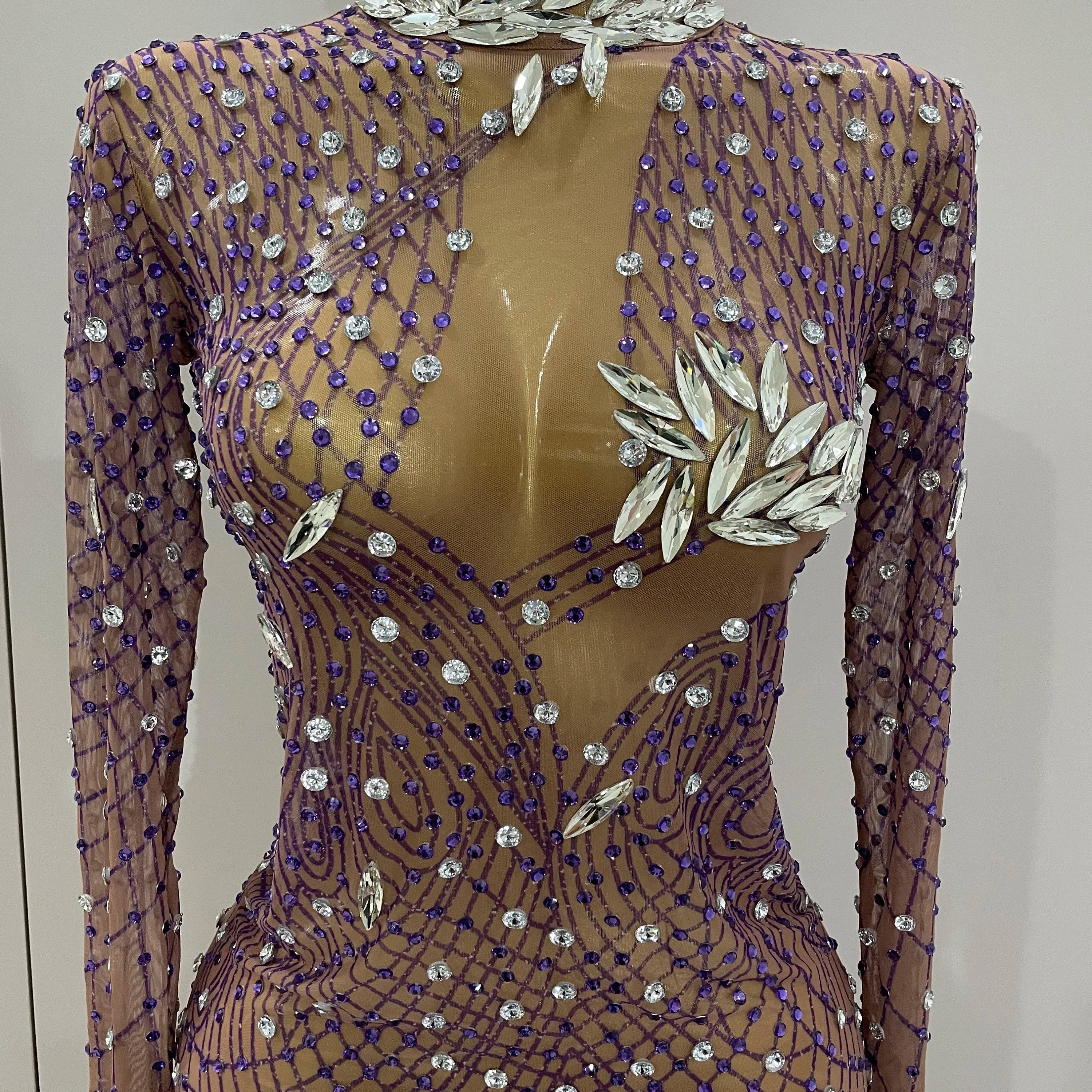 Shining Rhinestones Sexy Mesh See Through Long Dress Women Birthday Celebrate Evening Singer Show Stage Wear Photo Shoot Dress