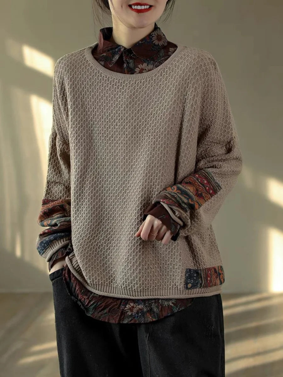 Vintage Print Patchwork Sweater Spring Fall Fashion Women's Loose Casual Long Sleeve Knitting Pullovers Female Elegance Knitwear