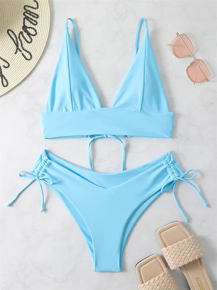 Bikini Women Swimsuit New Solid Black High Waist Bikinis Set Lace Up Bathing Suit Swimwear Summer Brazilian Beach Two Piece Blue 1