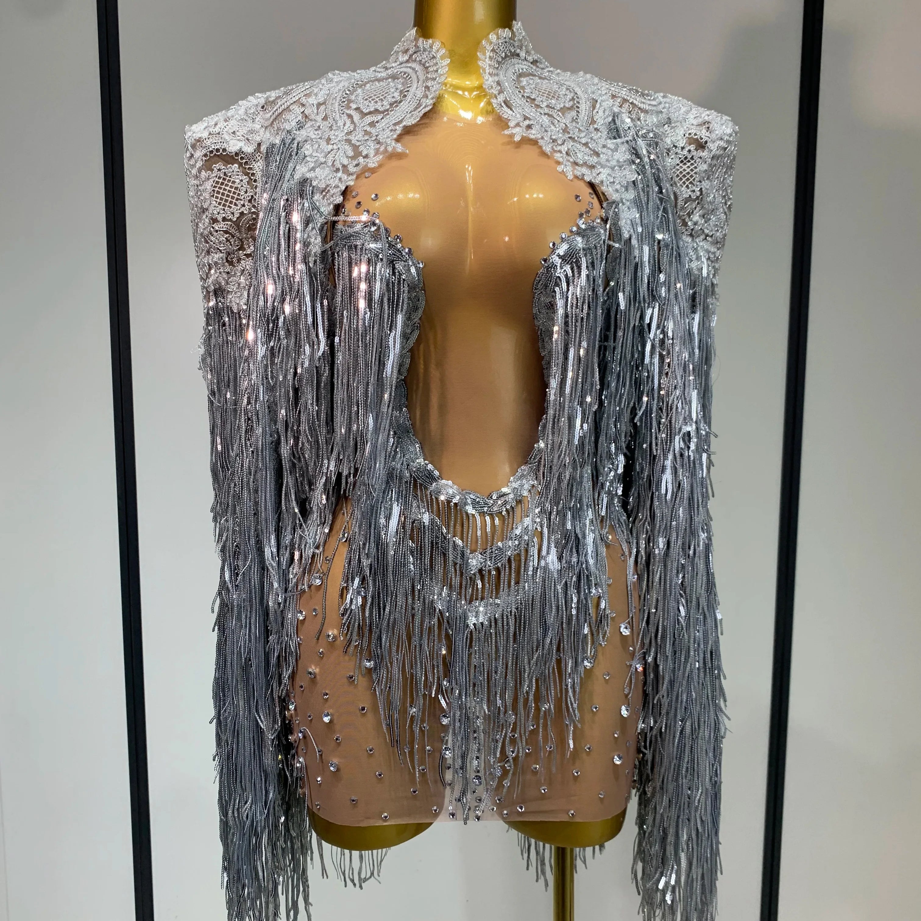 Luxury Rhinestones Tassels Mini Dress Suit Women Sexy See Through Mesh Birthday Party Club Dresses Performance Stage Outfit