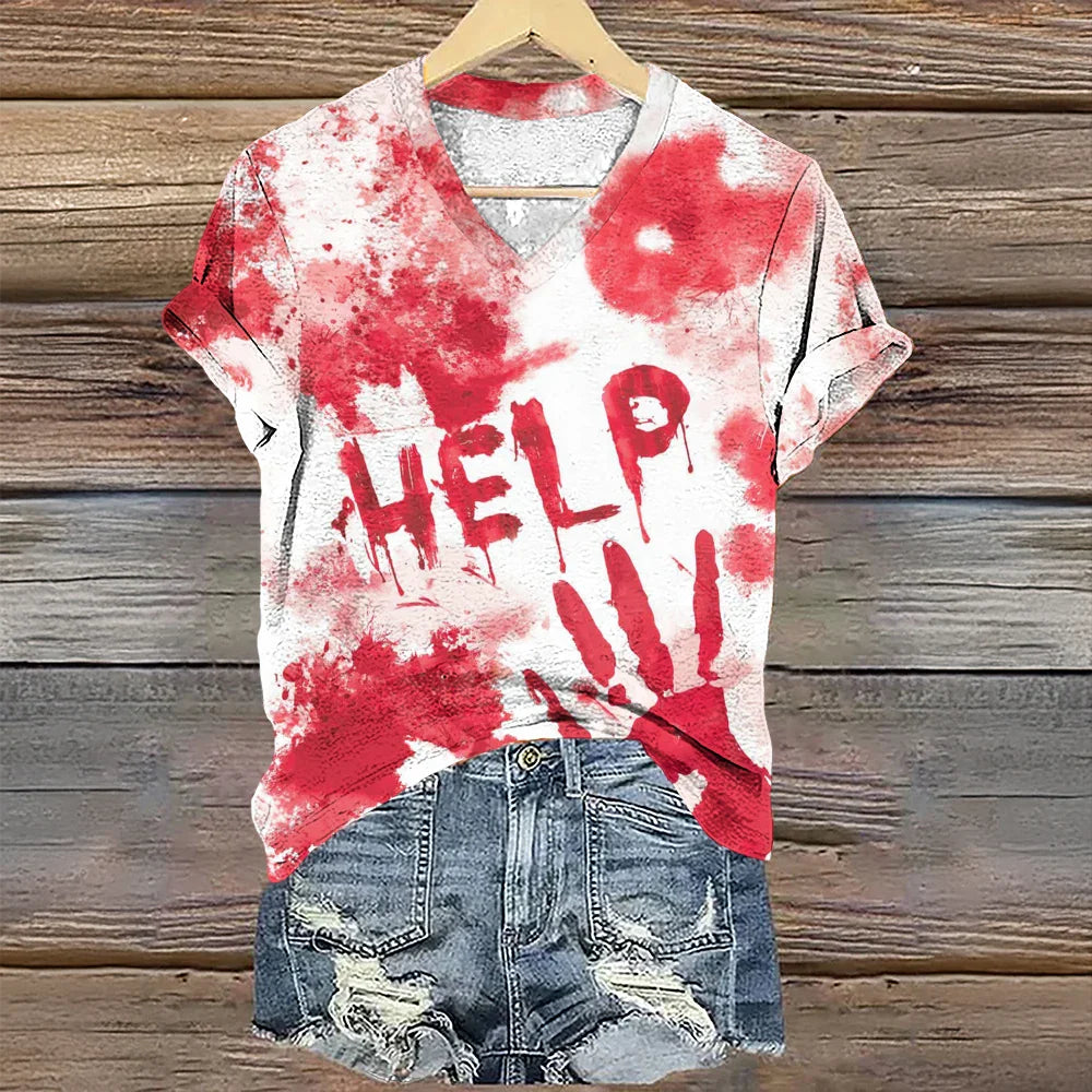 Vintage Women's T-shirt V-neck T-shirt Letter Printed Short Sleeve T-shirt Casual Loose Clothes Halloween Bloody T-shirt VAYJWH2024075R7
