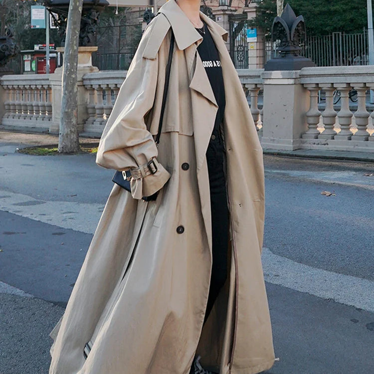 Spring Autumn Extra Long Flowy Oversized Casual Trench Coat for Women Belt Double Breasted Loose Korean Fashion 2022