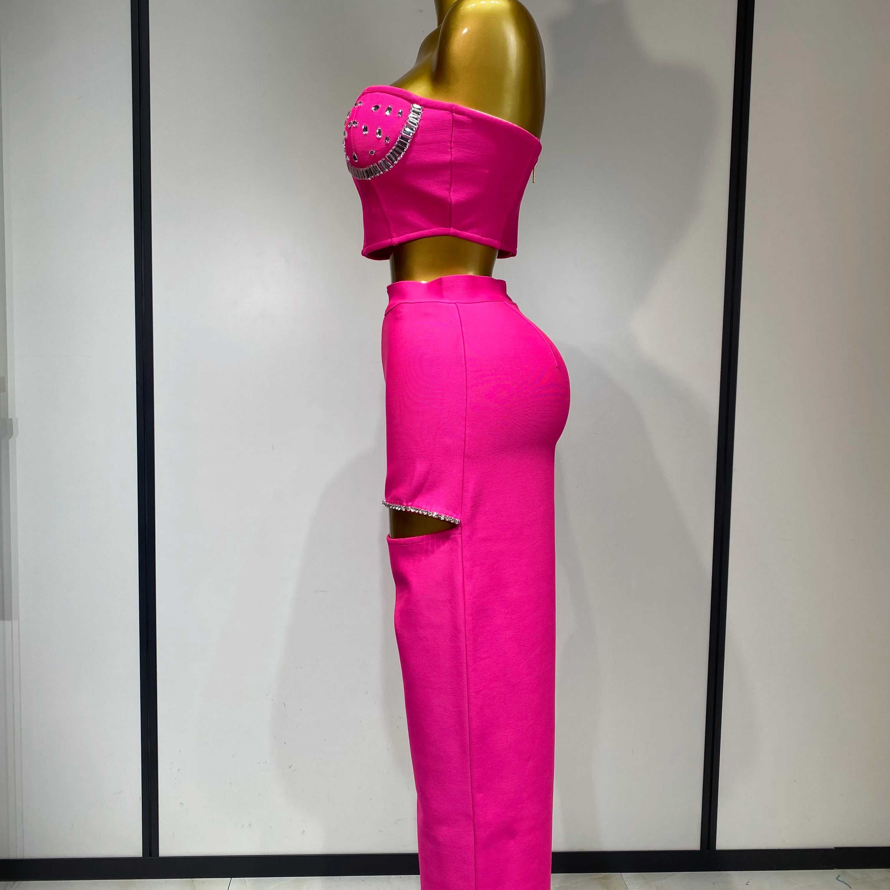 Women Sexy Strapless Top Cut Out Bodycon Two Pieces Bandage Pants Celebrity Designer Fashion Women Luxury Diamond Birthday Set