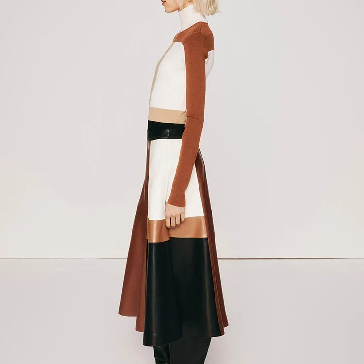 Spring Autumn Long Color Block Patchwork Soft Pu Leather Mini Skirt Women High Waist 2024 Luxury A Line Clothes Fashion