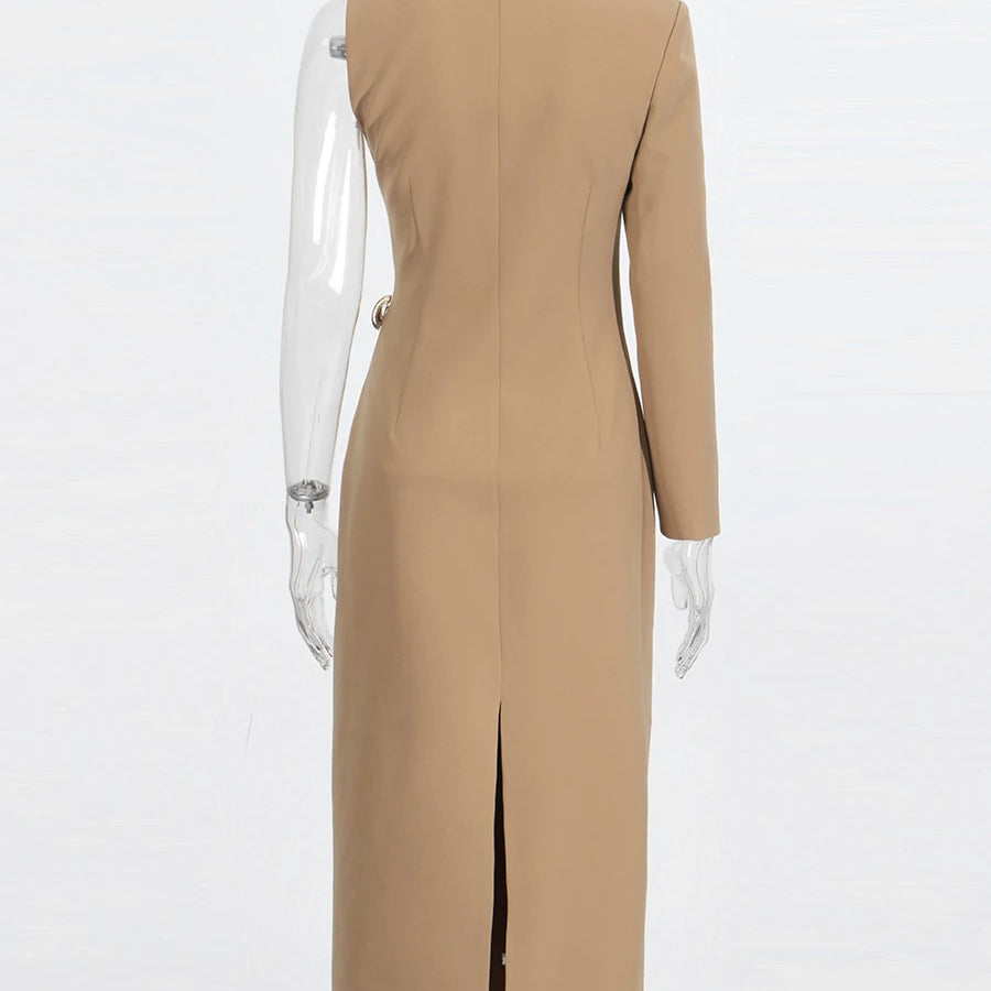 TWOTWINSTYLE Solid Slimming Spliced Folds Irregular Dresses for Women V Neck Long Sleeves Temperament Dress Female Fashion New