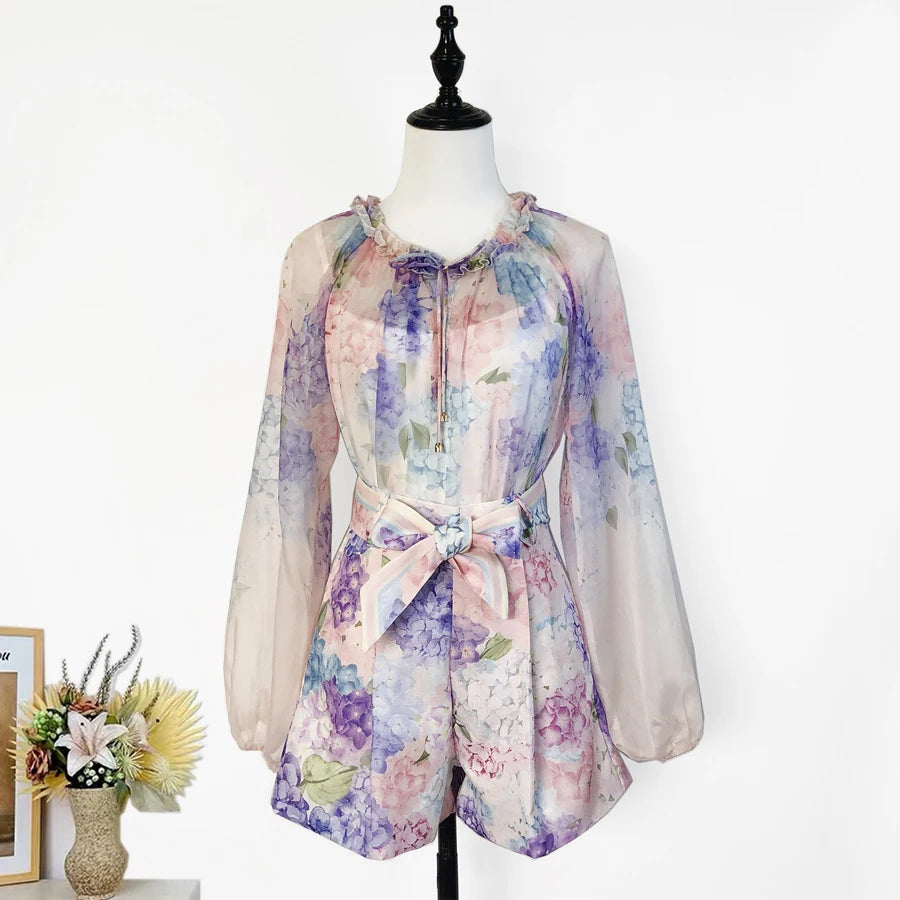 Shot In Stock Australian Spring Summer Celebrity Liu Shishi Same Style Purple Floral Long Sleeve Shirt + Shorts Set