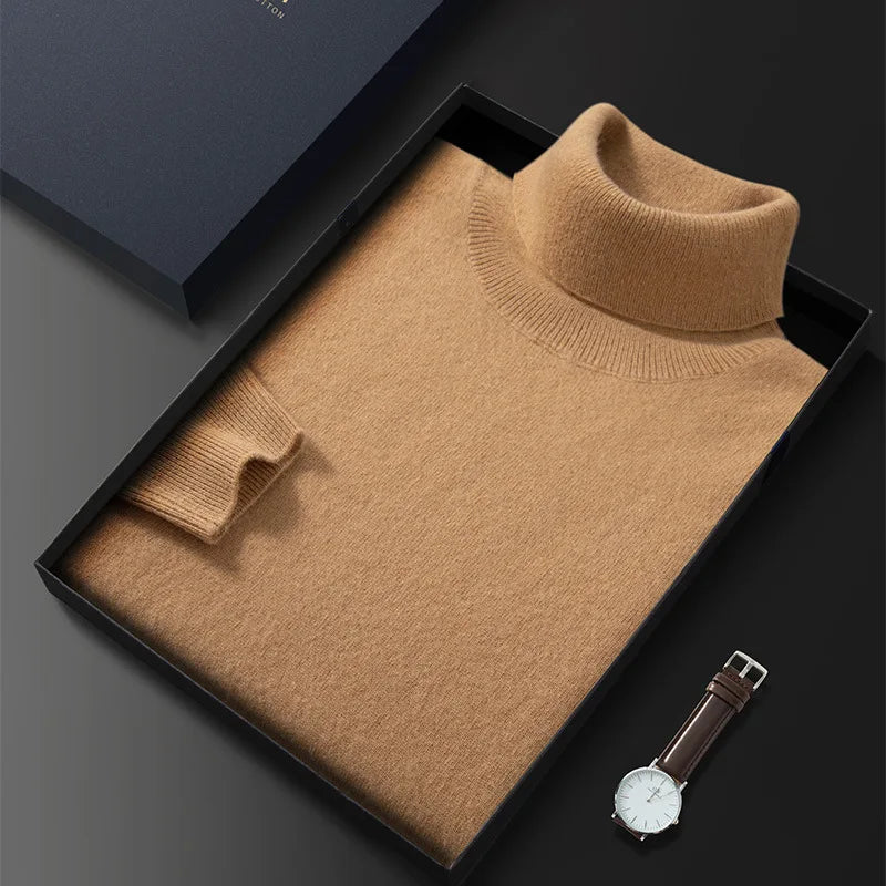 100% Cashmere Turtleneck Men Pullovers Autumn Winter Soft Light Warm Rolled Neck Jumper Jersey Pull Homme Knitted Sweater camel