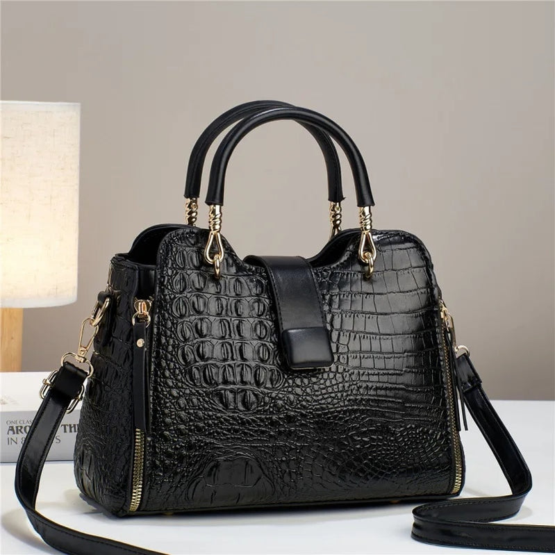 Light Luxury Handbag for Women's Crocodile Pattern Leather Shoulder Crossbody Bags Trend Designer Tote Bag Black