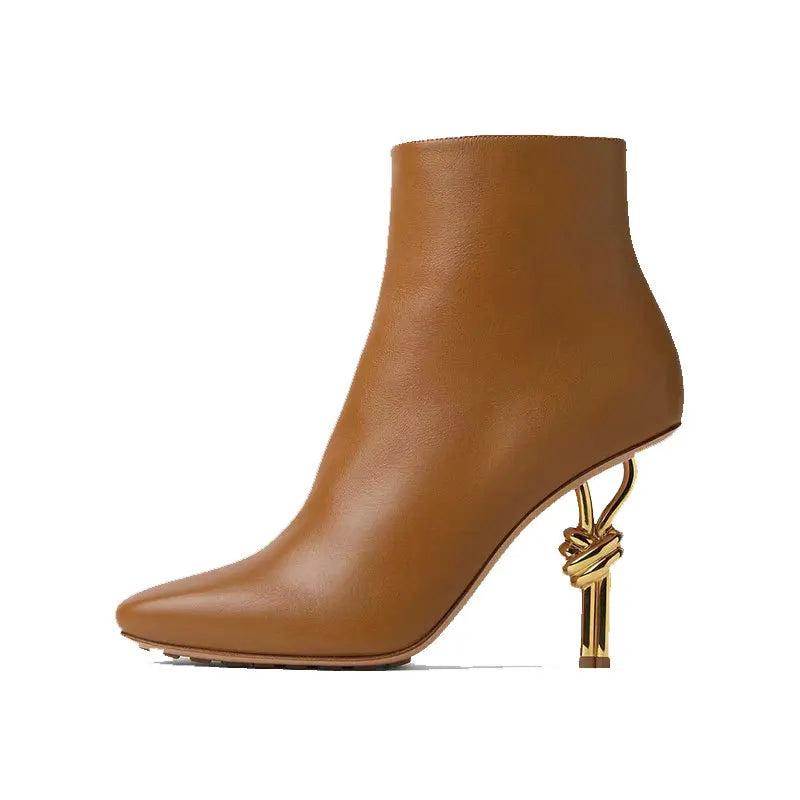 New Arrival Women Metal Knot Shaped Heel Boots High Heel Ankle Nude Boots Elegant Office Side Zip Square Toe Heels Boots as photo 3