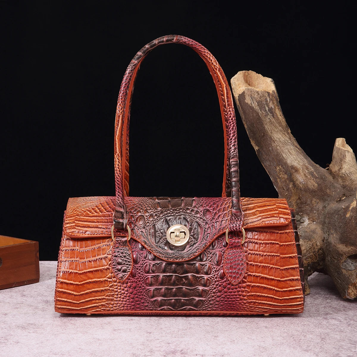 Multicolor Crocodile Pattern Fashion Handheld Stick Bag Large Capacity One Shoulder Underarm Bag Women's Luxury Handbag BrownPurple