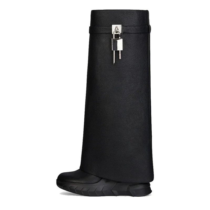 Leather Metal Padlock Woman Knee Length Boots Black Pink Slope Heel Autumn Winter Skirt Boots Size 35-43 Women Shoes 8062Black cowhide
