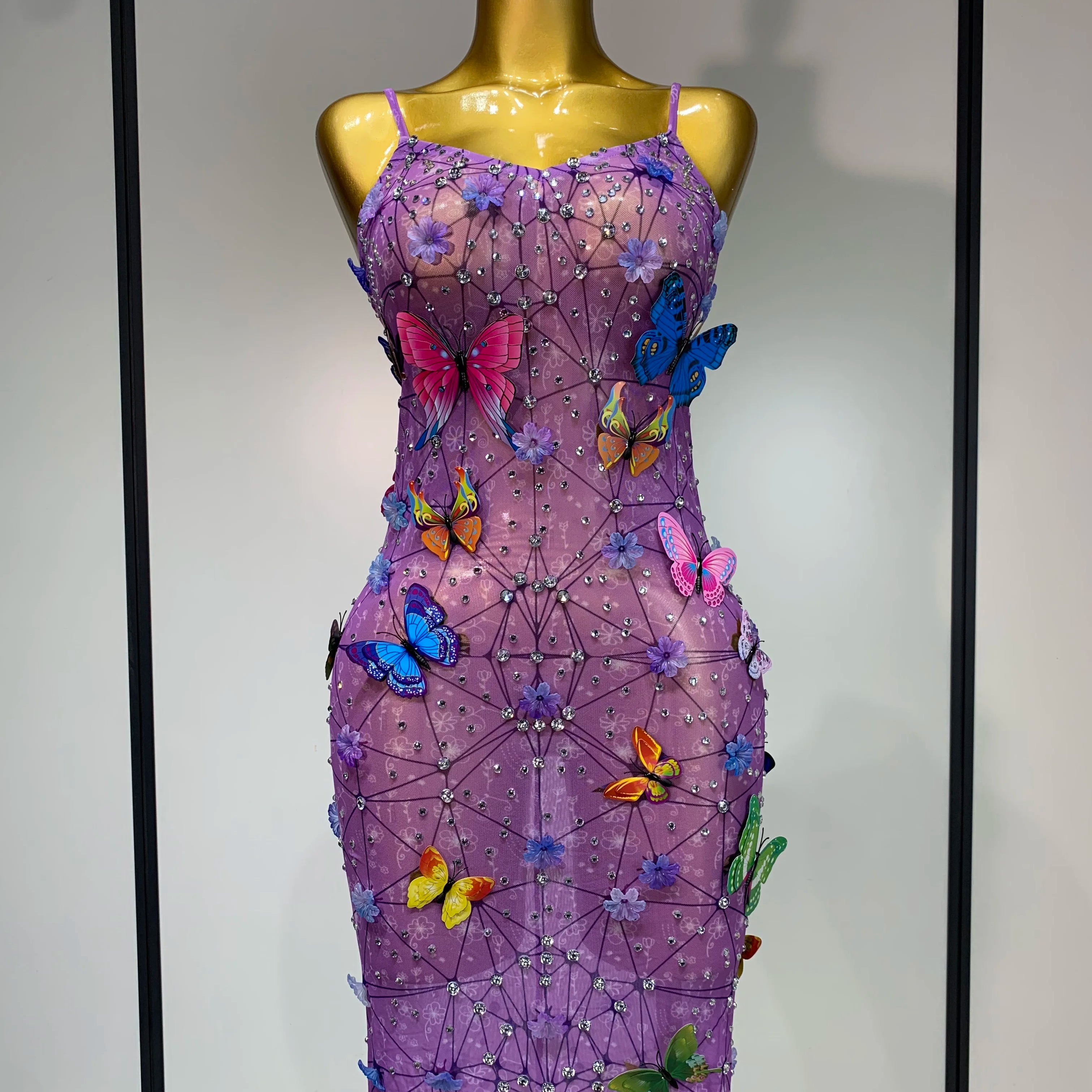 Sparkly Women Sexy Mesh See Through Dress 2025 New Arrival Butterfly Purple Celebrity Luxury Birthday Nightclub Stage Outfit