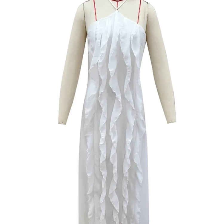 Sexy Ruffles Backless Long Dress Women Y2K Off Shoulder Lace Up Sleeveless White Dresses 2025 Summer Beach Party Loose Robes