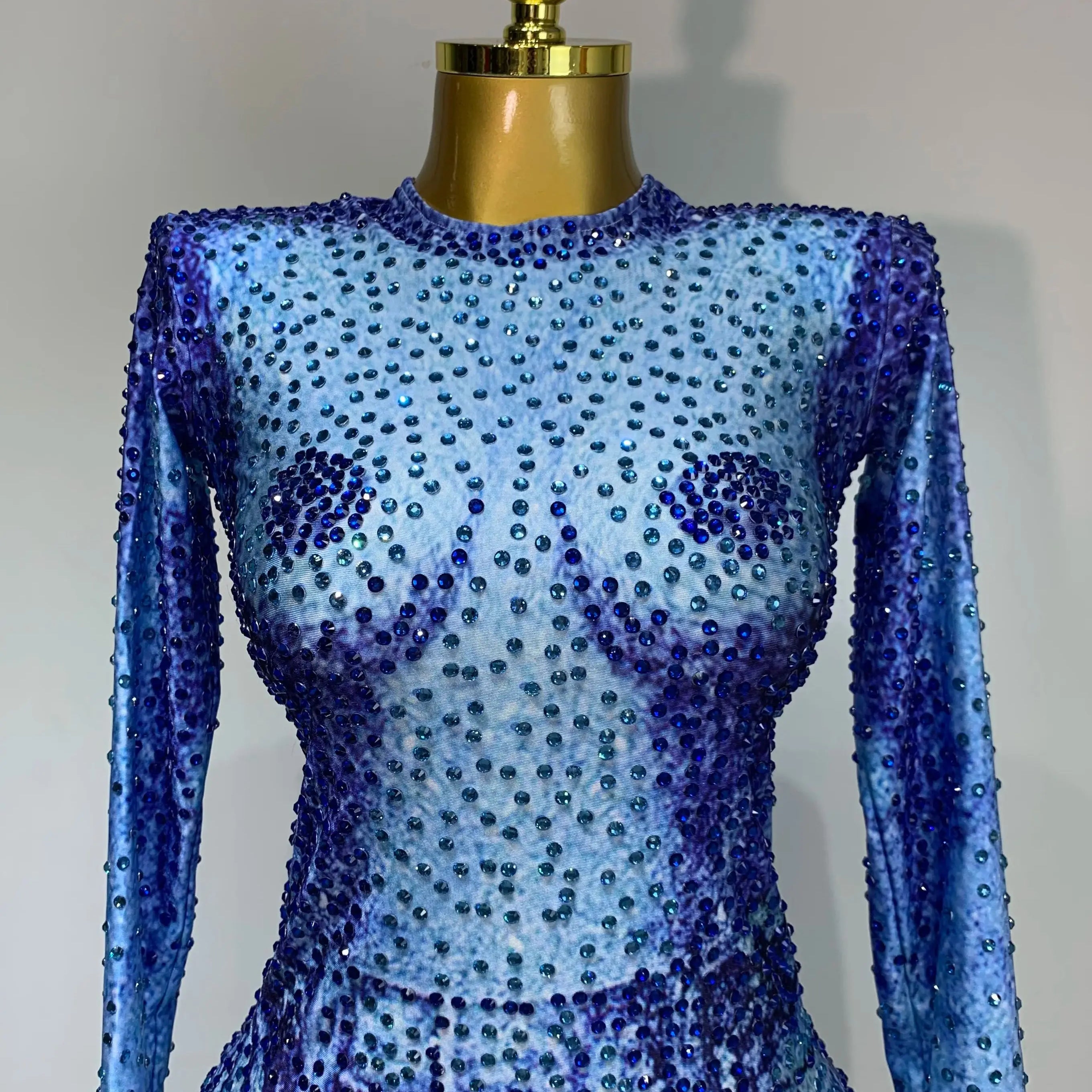 Ladies Sexy Sparkly Rhinestones Blue Long Sleeve Short Dress Women Evening Luxury Birthday Party Nightclub Singer Stage Outfit