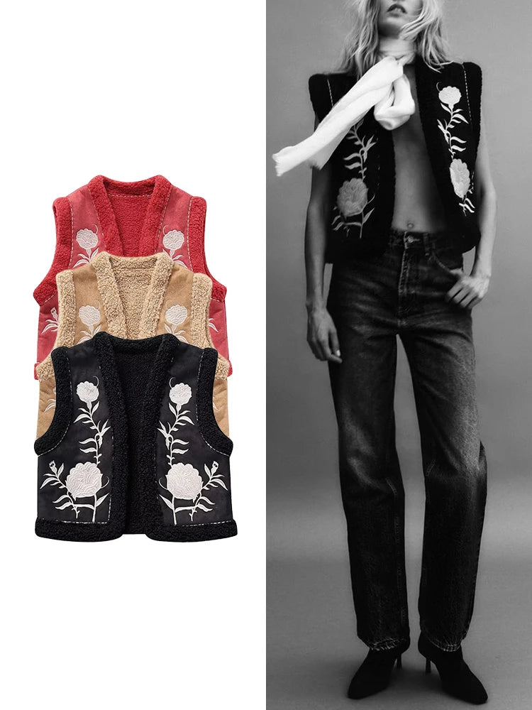 Women's Fashion Flower Embroidery Reversible Vest Vintage Suede Lamb Warm Vest Short Loose Sleeveless Vest Street Style Ves