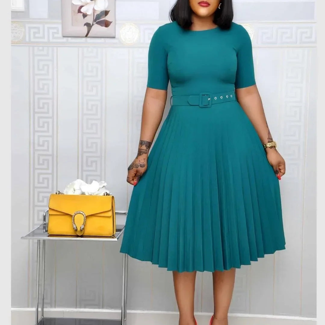 CM.YAYA Summer Midi Pleated Dress Short Sleeve Office Lady Africa Sashes Women High Waist Elegant Dresses Vestidos