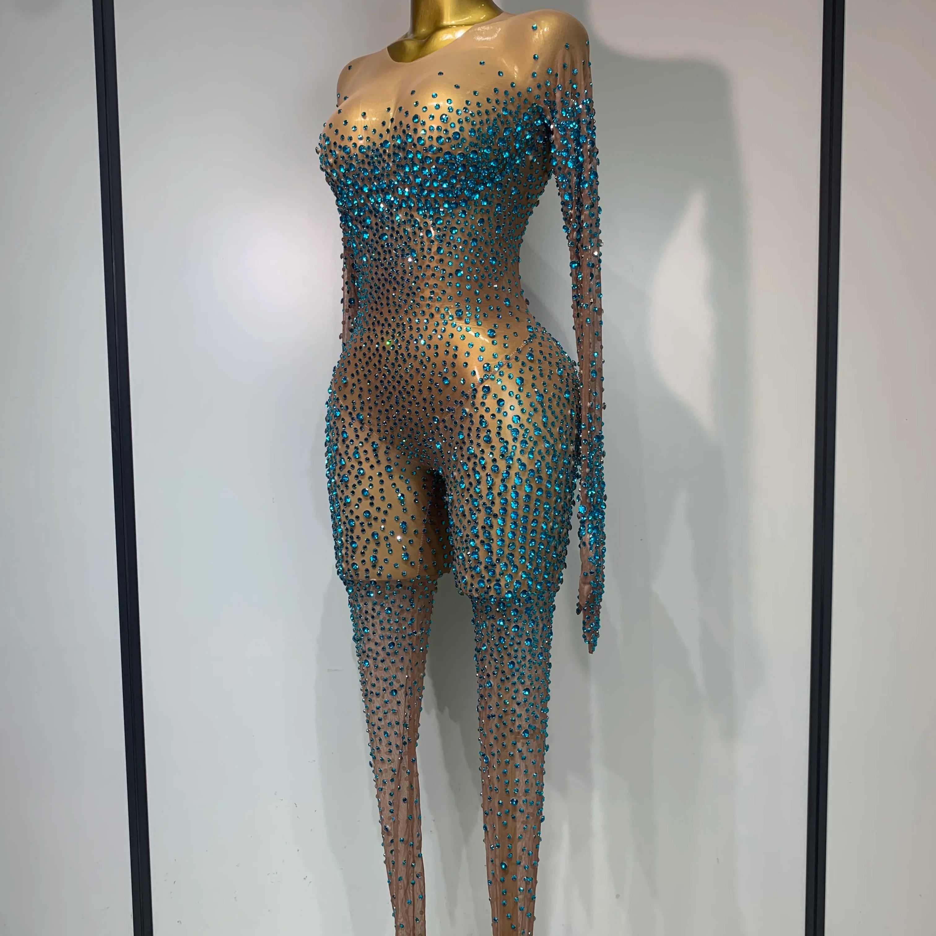 Luxury Rhinestones Bodycon Jumpsuit Sexy Women Mesh See Through Birthday Gown Women Bar Nightclub Dancer Stage Outfit