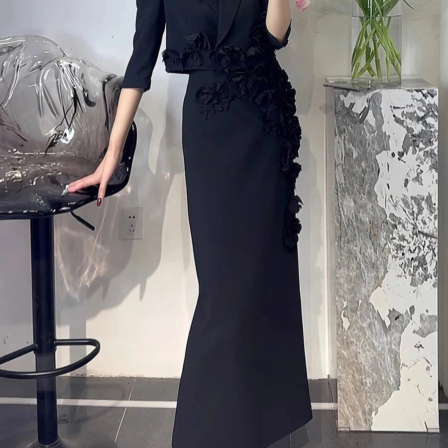 TWOTWINSTYLE Solid Slimming Spliced 3D Flower Two Piece Sets for Women Lapel Half Sleeves Short Top High Waist Skirt Set Female