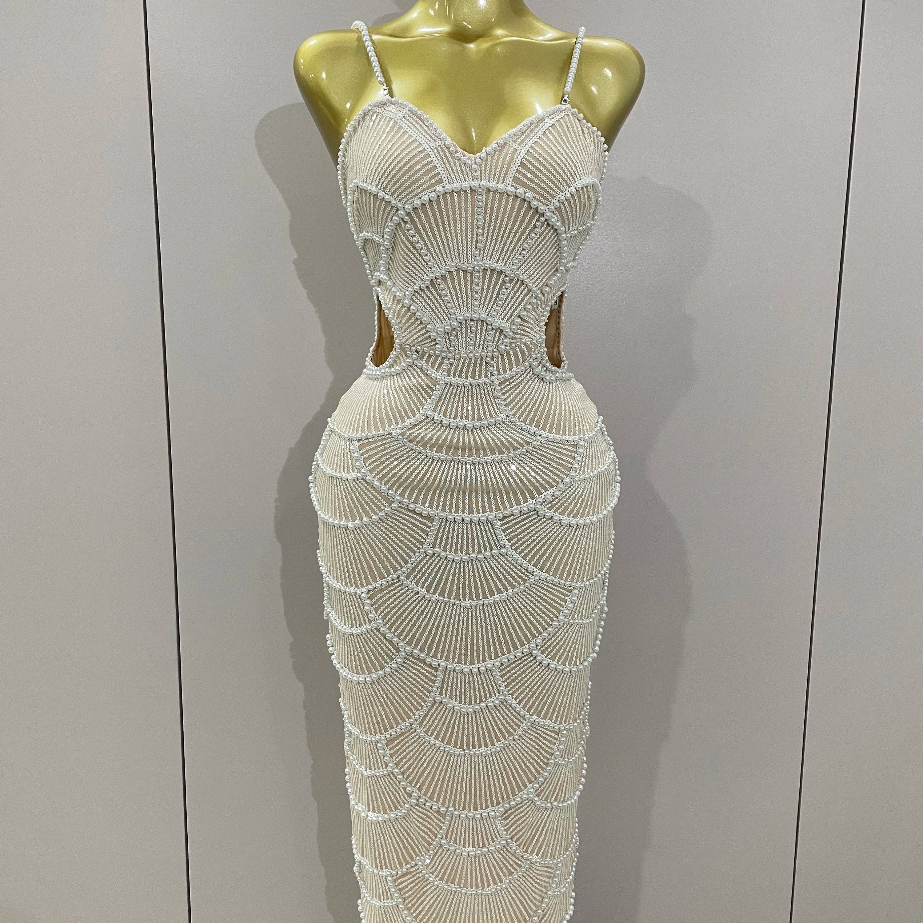 Women Hot Sale Sleeveless Sexy Strap Pearl Beading Sequins Bodycon Long Dress Celebrate Evening Party Birthday Outfit Vestido