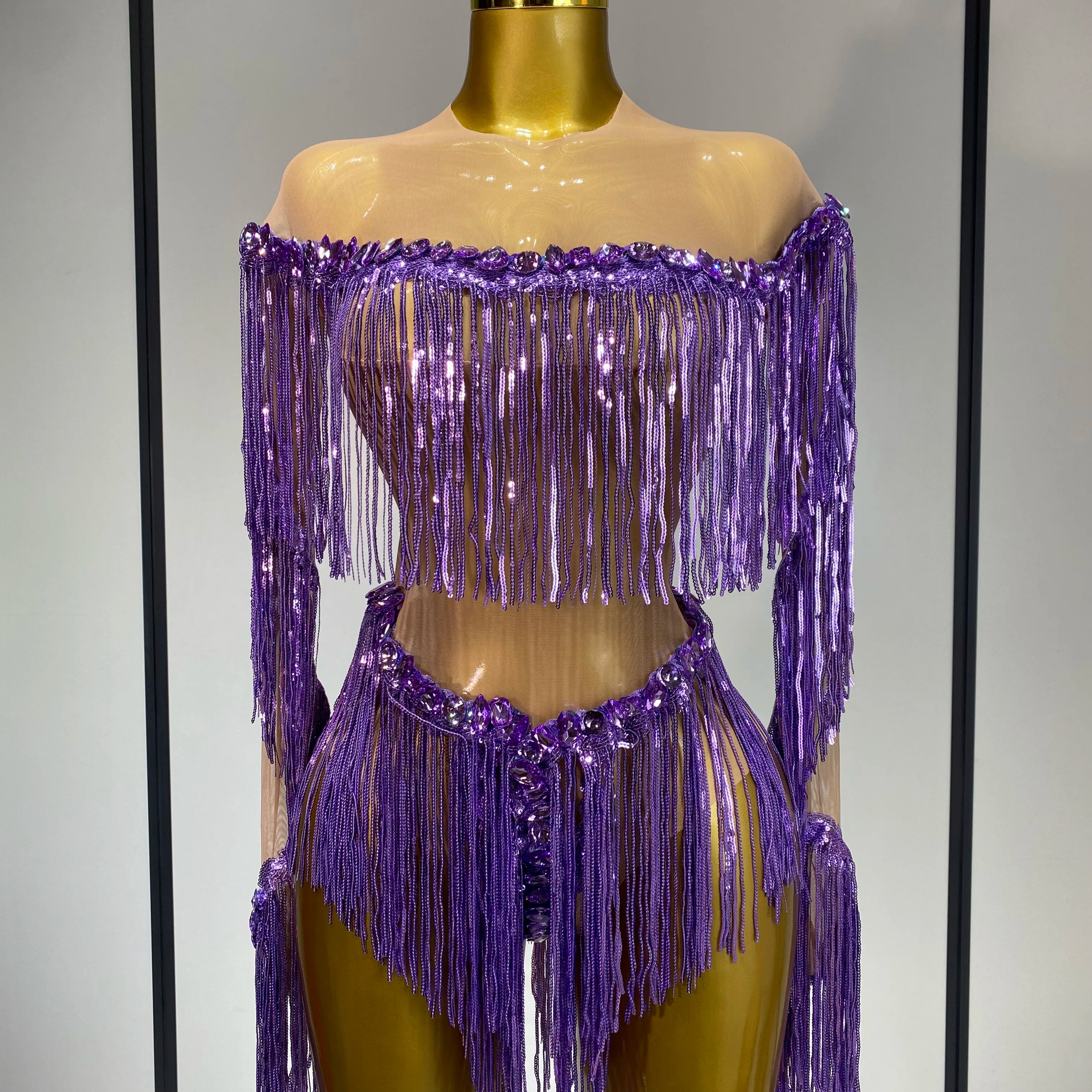 Sparkly Tassel Rhinestones Long Sleeves Sexy Stretch Mesh See Through Bodysuit Women Nightclub Stage Singer Perform Costume