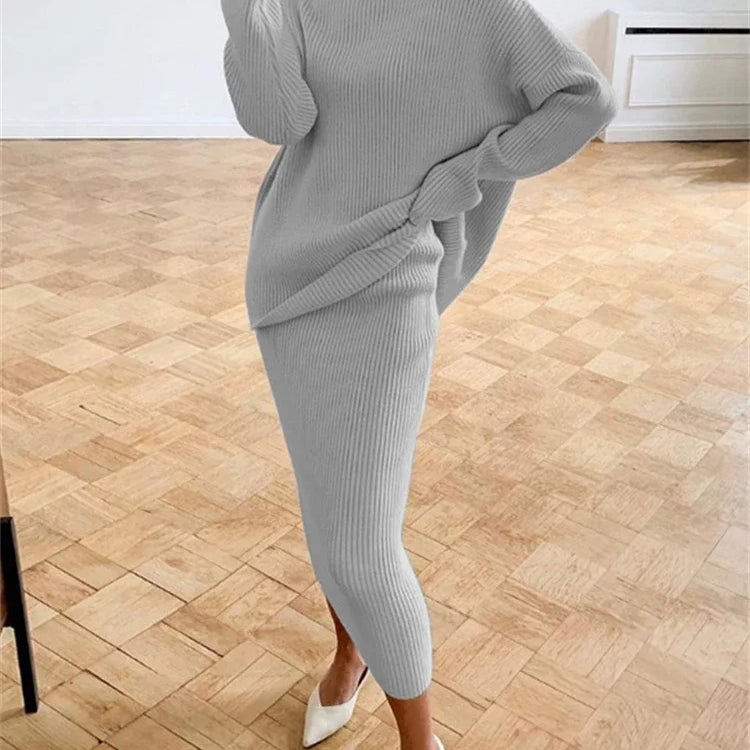 new Ribbed Knit 2 Piece Dress Set Outfits Ladies Knitwear Top And Midi Skirt Sets For Women Casual Winter Sweater Sets GRAY