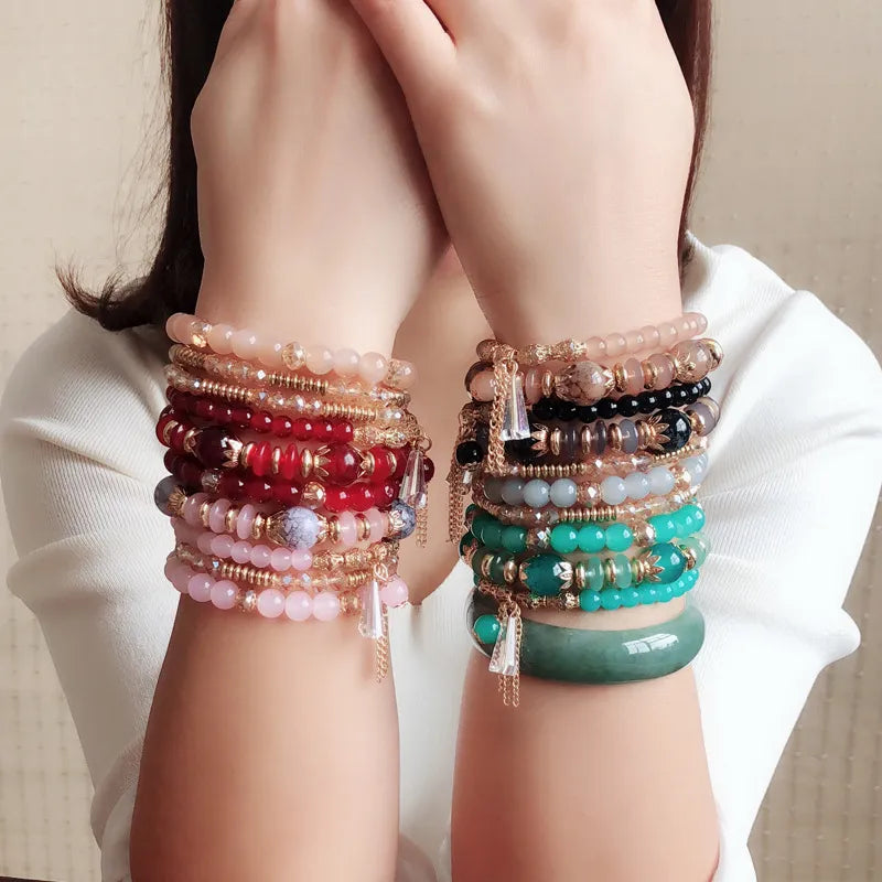 Bohemian Multicolor Crystal Beads Bracelets for Women Girls Boho Ethnic Tassel Elastic Rope Handmde Wrap Bracelet Pulseira Femi