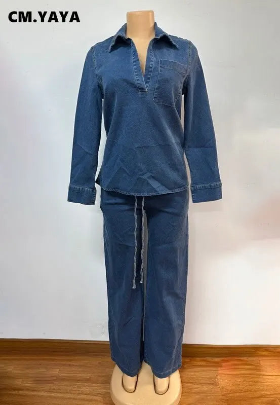 CM.YAYA Fashion Women's Set Long Sleeve Washed Denim Tops Shirts + Wide Leg Pants Suit 2025 Spring Street Two 2 Piece Set Outfit