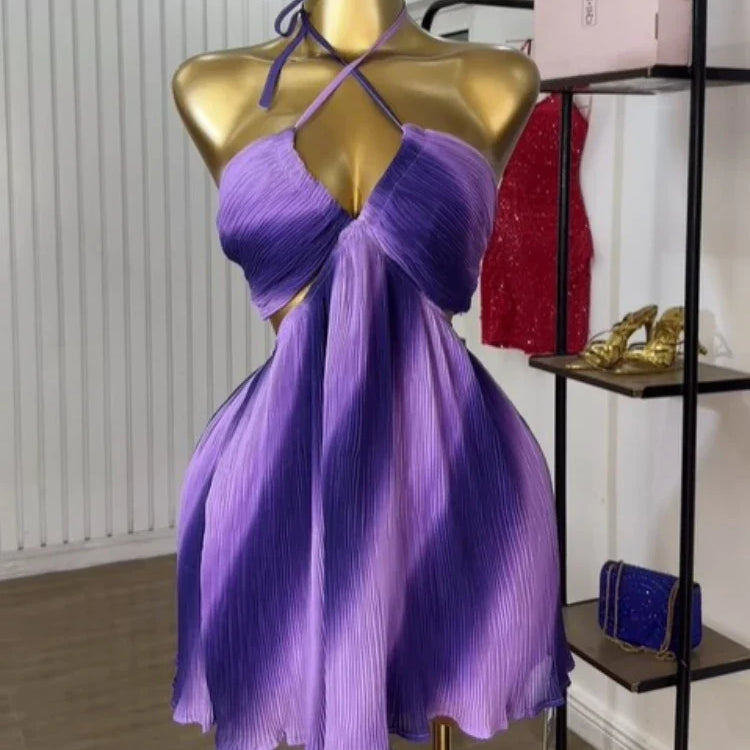 CM.YAYA Women Sleeveless Strap Gradient Printed Big Swing Dress 2025 Beach Holiday Evening Night Party Vestidos Sexy Dresses Light Purple