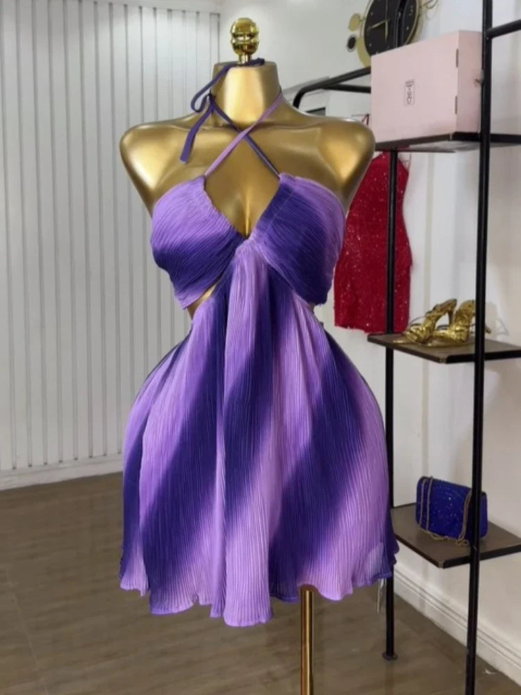 CM.YAYA Women Sleeveless Strap Gradient Printed Big Swing Dress 2025 Beach Holiday Evening Night Party Vestidos Sexy Dresses Light Purple