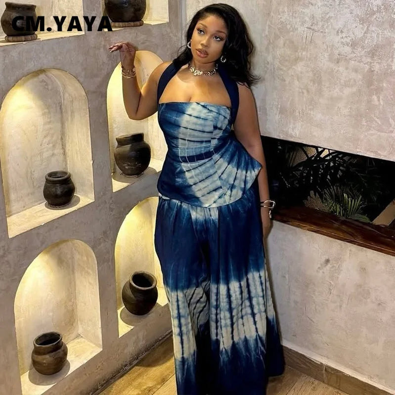 CM.YAYA Fashion Tie Dye Printed Women's Set Halter Neck Crop Top and Loose Wide Leg Pants 2025 Two 2 Piece Sets Outfit Tracksuit