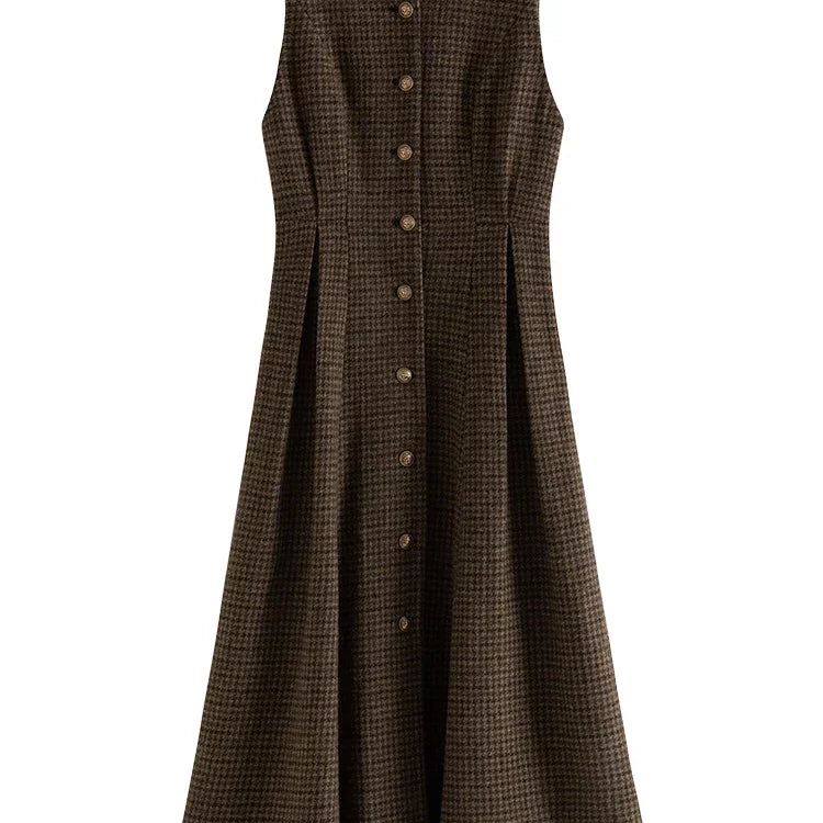 French Retro Plaid Inner Dress for Women Autumn and Winter Pure Woolen Elegant Style Vest Dress Female