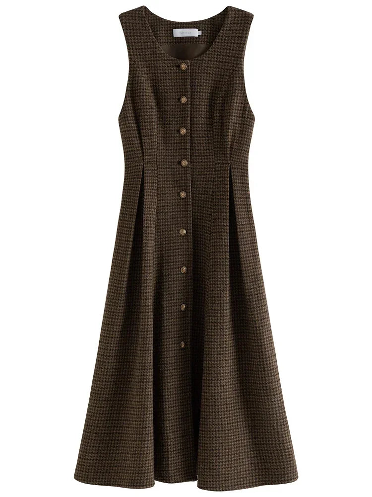 French Retro Plaid Inner Dress for Women Autumn and Winter Pure Woolen Elegant Style Vest Dress Female