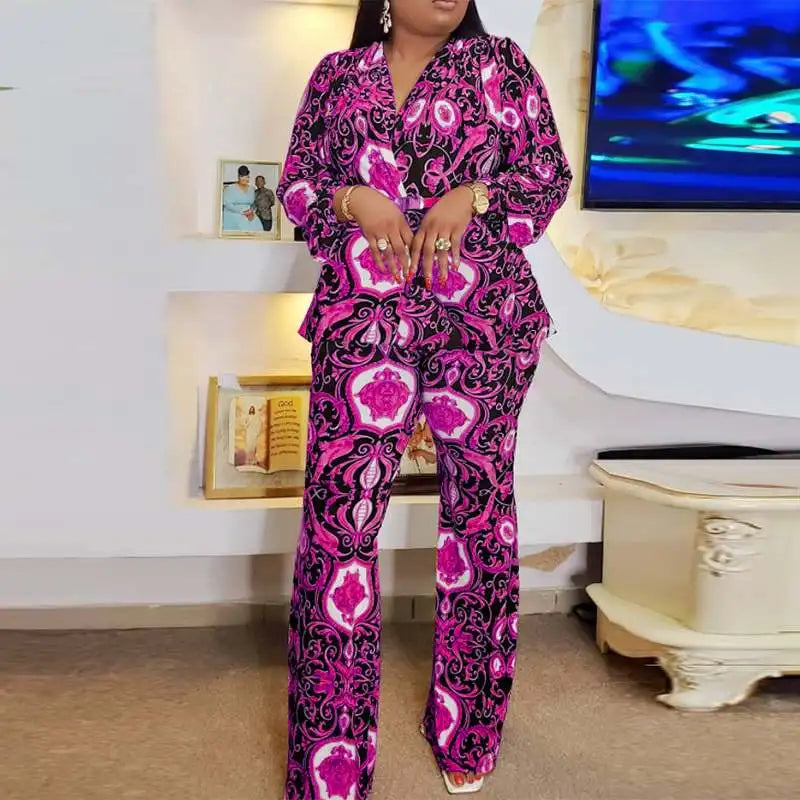 Plus Size 5XL VONDA Women Printed Pant Sets Summer Bohemian Suits Casual 2PCS Loose V-Neck Long Sleeve Tops and Trousers Sets
