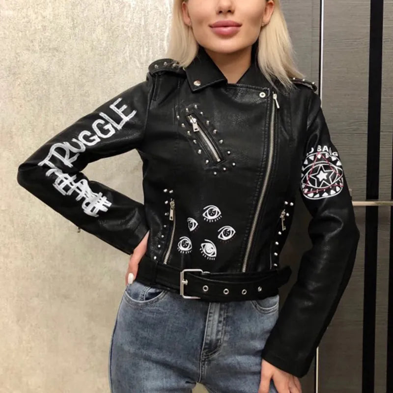 Fitaylor Autumn Winter Women Graffiti Print Faux Leather Jacket Lady Moto Bike PU Leather Coat Casual Rivet Jacket with Belt