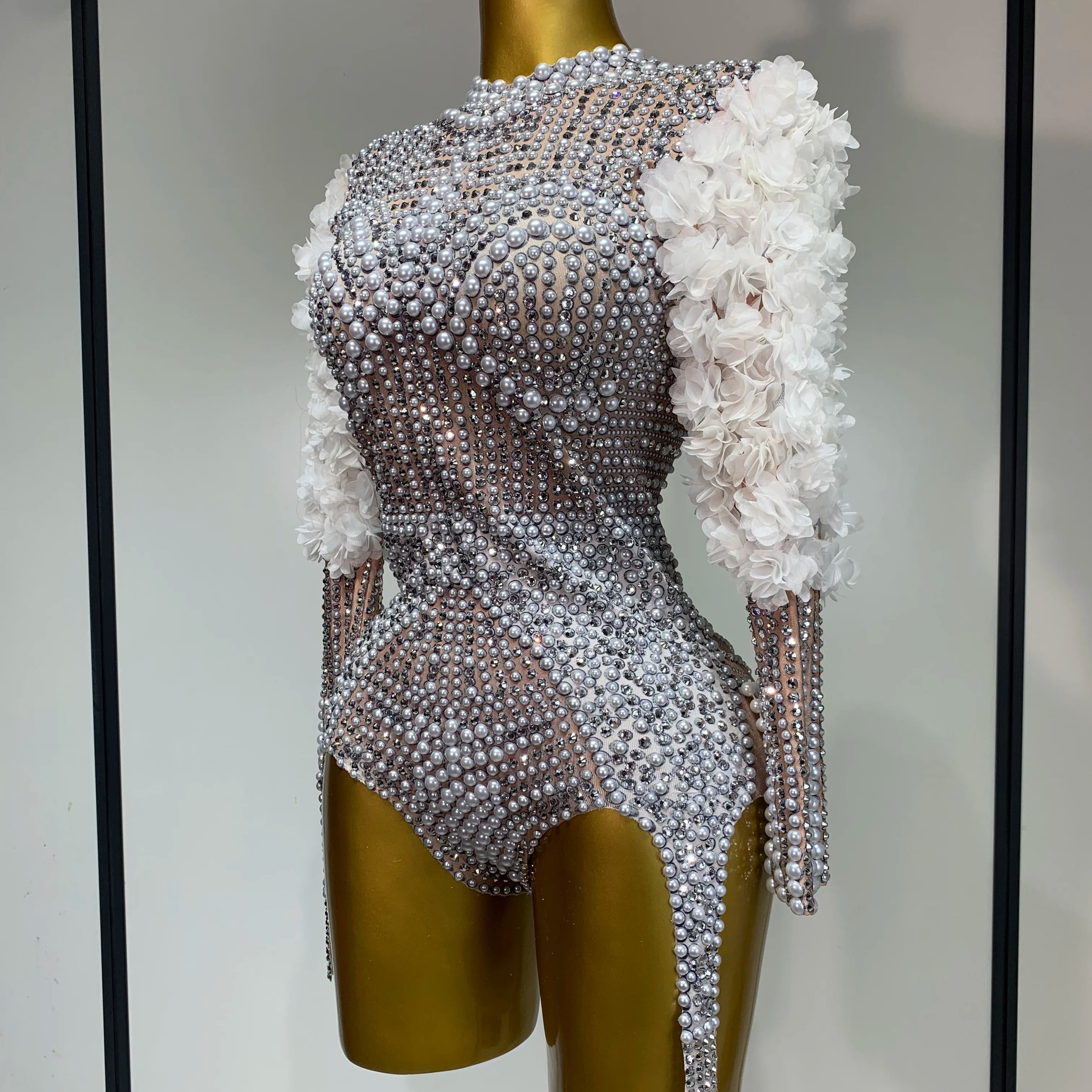 Sparkly Luxury Sheath Bodysuit Women Sexy Pearls Rhinestone Flowers Stage Singer Outfit Nightclub Performance Dance Costume