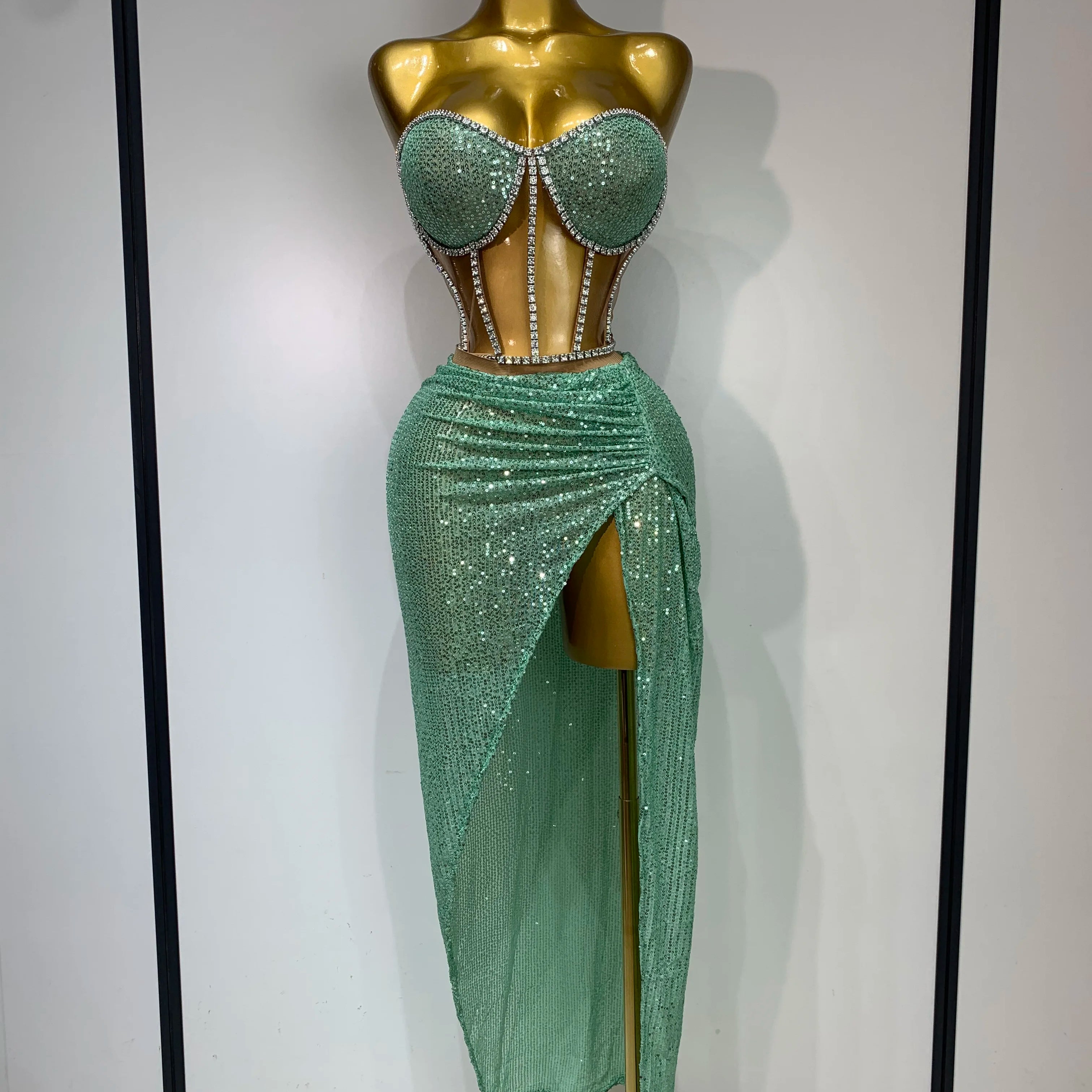 Women Sexy Nightclub Skirt Sets Strapless Diamonds Sequines Two Piece Sets Gogo Performance Outfit Evening Party Birthday Dress