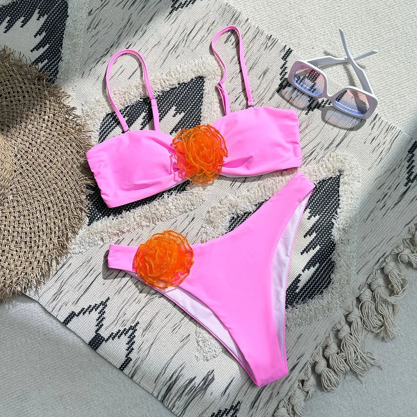 Sexy Women Swimsuit Lace Up Bikini Micro Bikinis Set Female Swimwear 3D Floral Bathing Suit Thong Biquini Swimming Suits