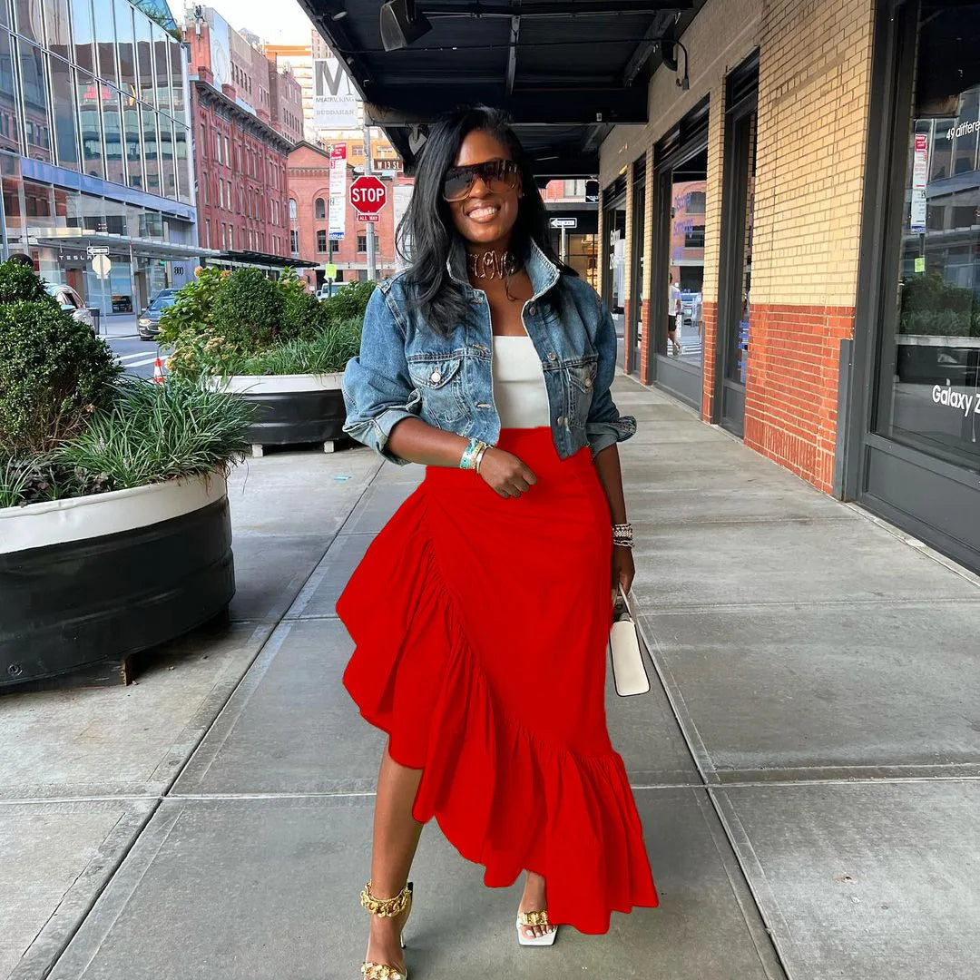 CM.YAYA Women Ruffles Hem Asymmetrical High Waist Maxi Long Skirt 2022 Autumn Winter Streetwear INS Fashion Skirts